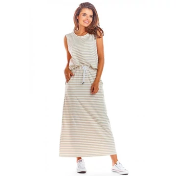 Női hosszú nyári szoknya bézs-fehér színben