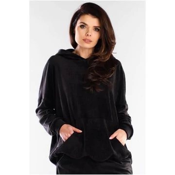 Bő velúr pulóver kapucnival, fekete színben