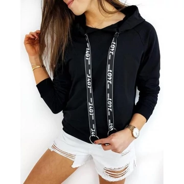 Divatos női kapucnis pulóver fekete színben, díszítő szalagokkal