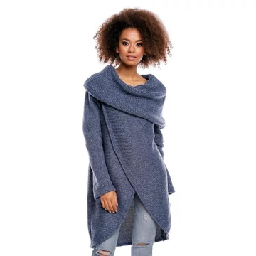 Női aszimmetrikus kék színű pulóver, bő garbóval