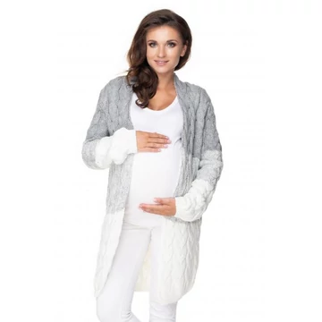 Divatos hosszú kardigán fonat motívummal, krémszürke színben