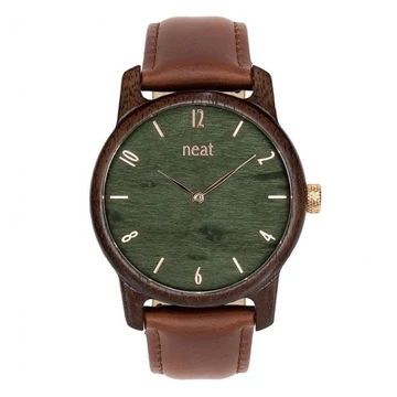 Férfi fa karóra bőr szíjjal, barnászöld színben