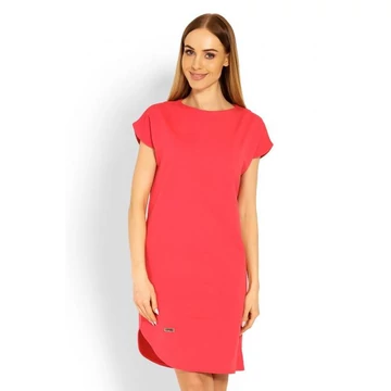 Aszimmetrikus korall színű női ruha, rövid ujjal