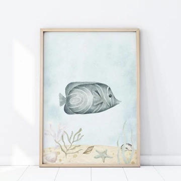 Gyerekszoba, kék árnyalatú poszter, hal motívummal