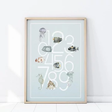 Gyerekszoba poszter, kék színben, számokkal és halakkal