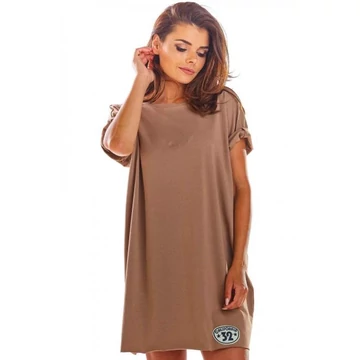 Női bézs színű lenge ruha, rövid ujjal