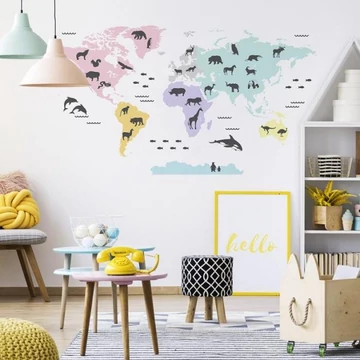 Világtérkép formájú matrica, pasztell színekben