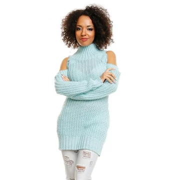 Menta színű, bolyhos női szvetter, csupasz vállal
