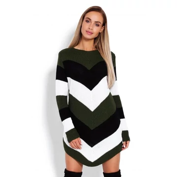 Khaki színű, lekerekített hosszú szvetter, ferde csíkokkal hölgyeknek