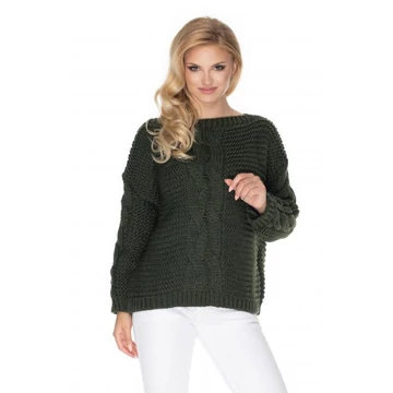 Khaki színű oversize szvetter dekoratív fonattal hölgyeknek