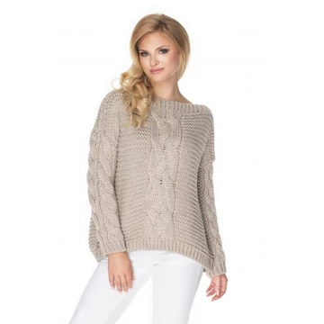 Bézs színű oversize szvetter dekoratív fonattal hölgyeknek