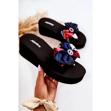 Női, fekete-kék, hab papucs, masnival