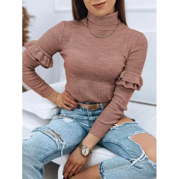 Rózsaszín, női bordás szvetter, ujjain fodrokkal