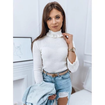 Bordás női fehér garbó szvetter fodorral