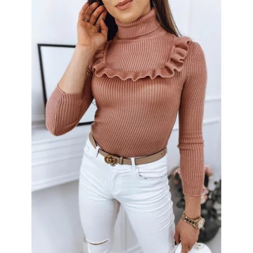 Rózsaszín, női bordás szvetter dekoratív fodorral