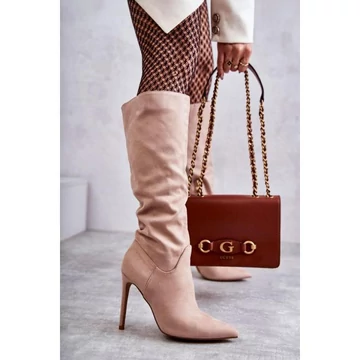 Bézs, magassarkú csizma, hölgyeknek