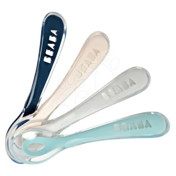 Készlet 4 gyakorló kanál Beaba 2nd age training spoon 13 cm puha szilikonból egyedüli étkezéshez, kék, rózsaszín, szürke, zöld 4 hó-tól