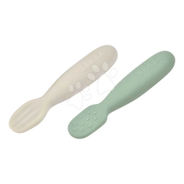 Ergonomikus gyakorlókanalak Silicone Pre-Spoons Sage Green Velvet Grey Beaba szilikonból önálló étkezéshez 2 db 4 hó-tól BE913578