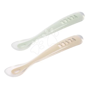 Első gyakorló kanalak First Age Silicone Spoons Clay Misty Green Duo Beaba szilikonból önálló étkezéshez praktikus tárolóban 2 db barnás-zöld 4 hó-tól BE913622
