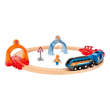 Fa vonatpálya interaktív alagúttal World Train Set Smart Tech Sound Action Tunnel BRIO 14 részes és alkalmazásra csatlakoztatható elektronikus vonat hangrögzítéssel 3 évtől BRIO9741