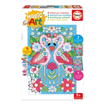 Festés számok szerint Flamingó Magic Art Number Flamingos Educa 2 kép kerettel és 9 szín ecsettel és palettával 9 évtől
