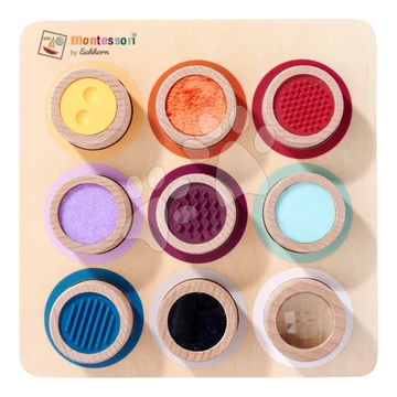 Fa készségfejlesztő tábla kockákkal Montessori Touch Board Eichhorn 9 részes különböző felületekkel a tapintás fejlesztésére 3 évtől EH6005