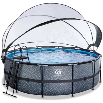 Medence búrával homokszűrős vízforgatóval és hőszivattyúval Stone pool Exit Toys kerek acél medencekeret 427*122 cm szürke 6 évtől