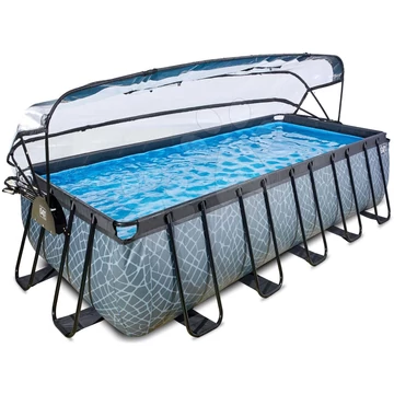 Medence búrával és homokszűrős vízforgatóval és hőszivattyúval Stone pool Exit Toys acél medencekeret 540*250*122 cm szürke 6 évtől