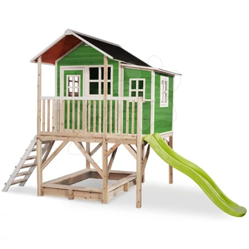 Házikó pilléreken cédrusból Loft 550 Green Exit Toys nagy vízhatlan tetővel homokozóval és 1,75 m csúszdával zöld