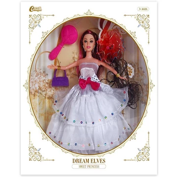 Divatbaba póthajjal és kiegészítőkkel fehér ruhában 30cm