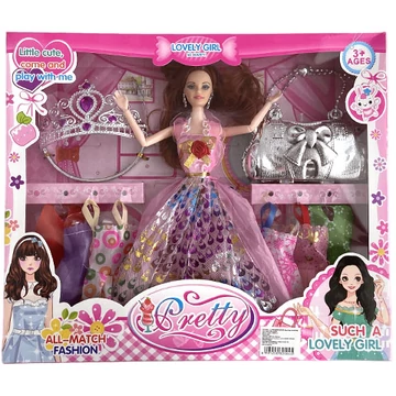 Nicky: Barna hajú 28cm-es divatbaba ruhákkal, táskával és tiarával háromféle változatban 1db