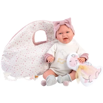 Llorens: Mimi Sonrisas 42cm-es kacagó újszülött baba hordozóval