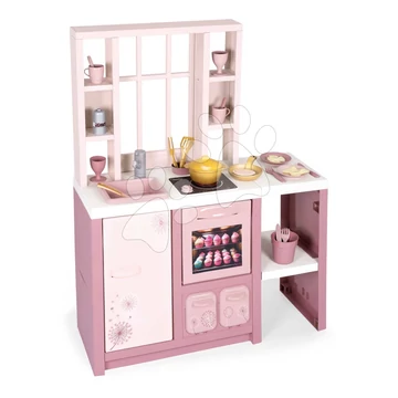 Játékkonyha elektronikus mágikus tésztával Loft Fleur Pink 360° Smoby rózsaszín hanggal körbejárható 27 kiegészítővel 50 cm munkafelölettel