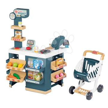 Elektronikus játékbolt mérleggel Super Market Smoby pénztárgéppel leolvasóval bevásárlókocsival és 42 kiegészítővel 90 cm magas