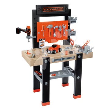 Barkácsműhely mechanikus fúrógéppel Black&Decker Bricolo Center Workbench Smoby kalapáccsal és összeszerelhető kisautóval 92 kiegészítő 103 cm magas