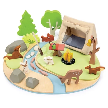 Fa táborhely sátorral és tűzrakóhellyel Wildlife Camping Playset Tender Leaf Toys állatfigurákkal