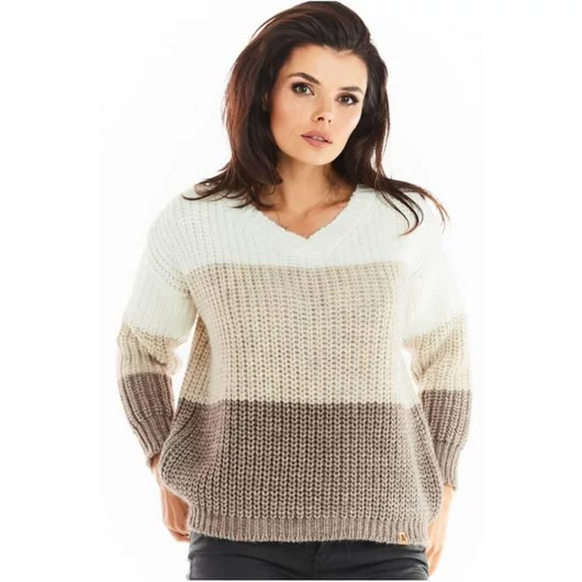 Női divatos szvetter V-nyakkal, bézs színben