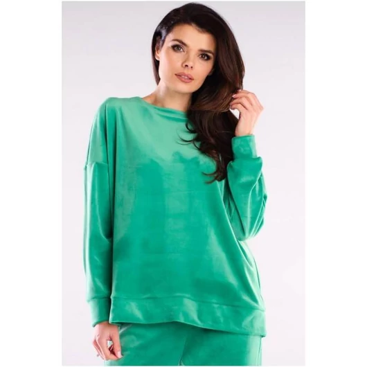 Női, oversize velúr pulóver, zöld színben