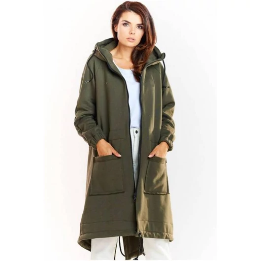 Női hosszú meleg kapucnis pulóver khaki színben