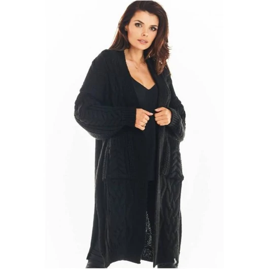 Meleg női kardigán, fekete színben, fonat mintával