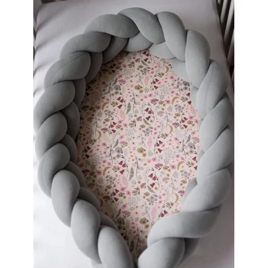 Fonott, PREMIUM babafészek, 2 az 1-ben - sötétszürke / retro virágok