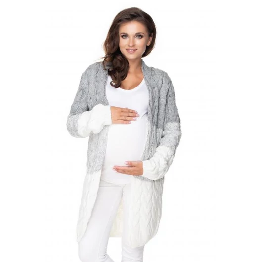 Divatos hosszú kardigán fonat motívummal, krémszürke színben
