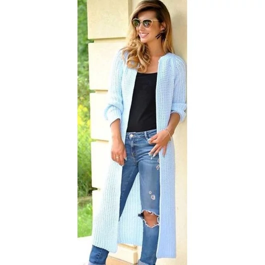 Stílusos hosszú, világoskék kardigán hölgyeknek