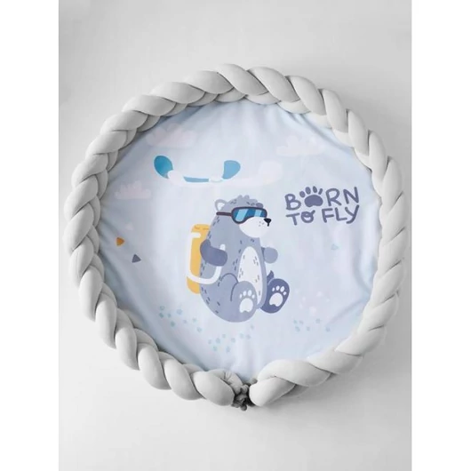 Kétoldalú játszószőnyeg, medve motívummal és világosszürke fonott védővel