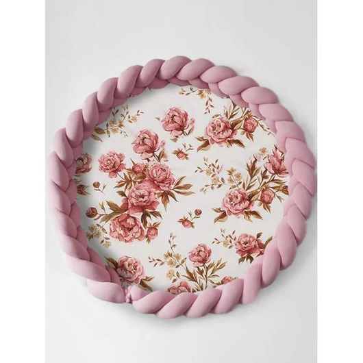 Kétoldalú játszószőnyeg, bazsarózsa motívummal és rózsaszín, fonott védővel