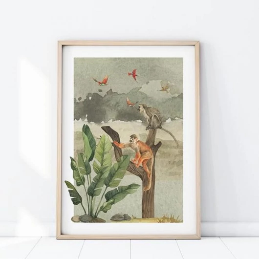 Szafari témájú poszter, majmok motívumával