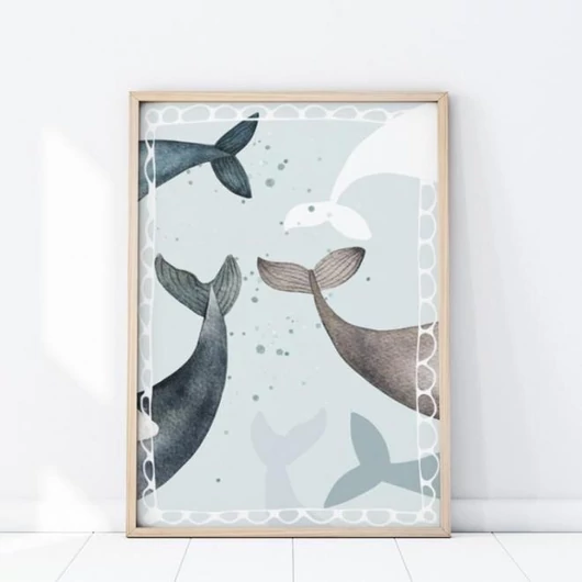 Óceán témáju, kék árnyalatú poszter, bálna motívummal