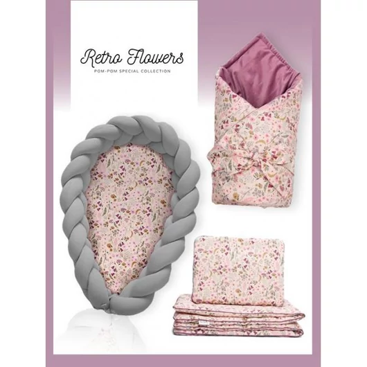 Újszülött felszerelés 4 az 1-ben - Retro virágok / sötétszürke