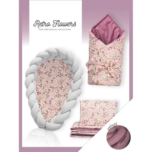 Újszülött, szatén felszerelés 4 az 1-ben - Retro virágok / világosszürke