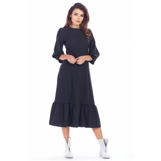 Női hosszú ruha fodorral, fekete színben